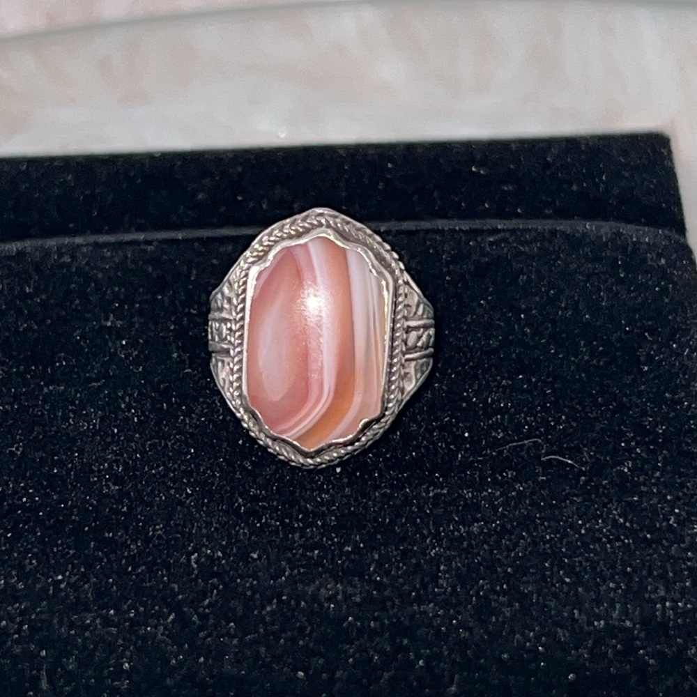 Luxury Apricot Banded Agate Ring. Artisan-crafted of solid sterling silver.